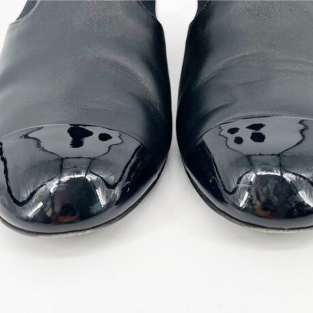Chanel 2022 Black Knit 8 Logo Patent Cap Toe Mid Heel Sock Booties EU 37.5 - Picture 6 of 9